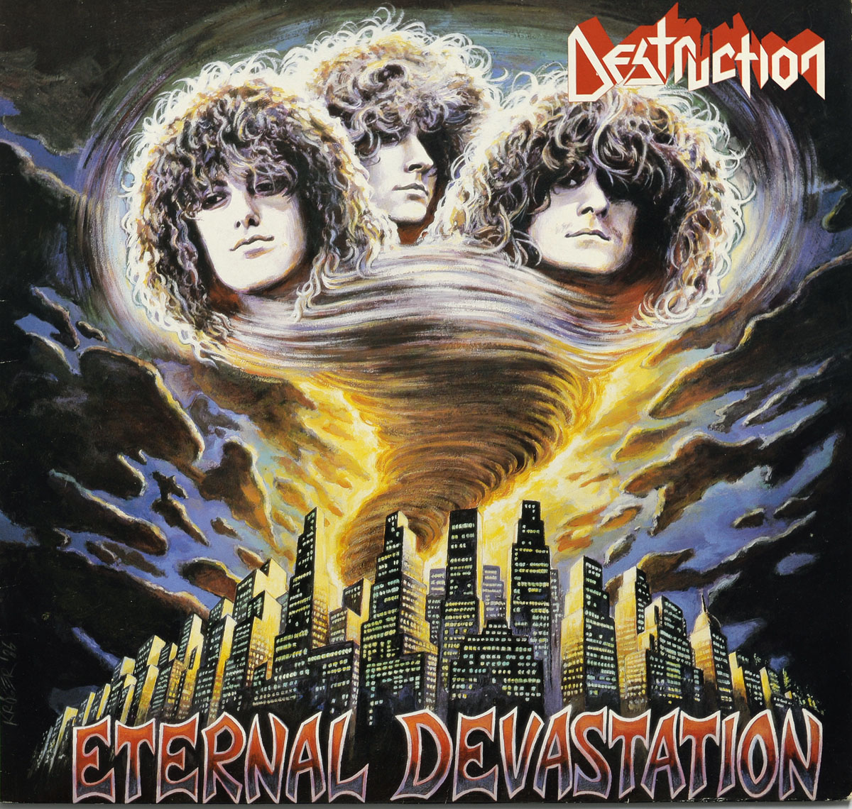 Album cover of Destruction’s Eternal Devastation featuring a tornado with three human heads emerging from its core, swirling above a modern cityscape with dark clouds and fiery tones, symbolizing chaos and destruction.